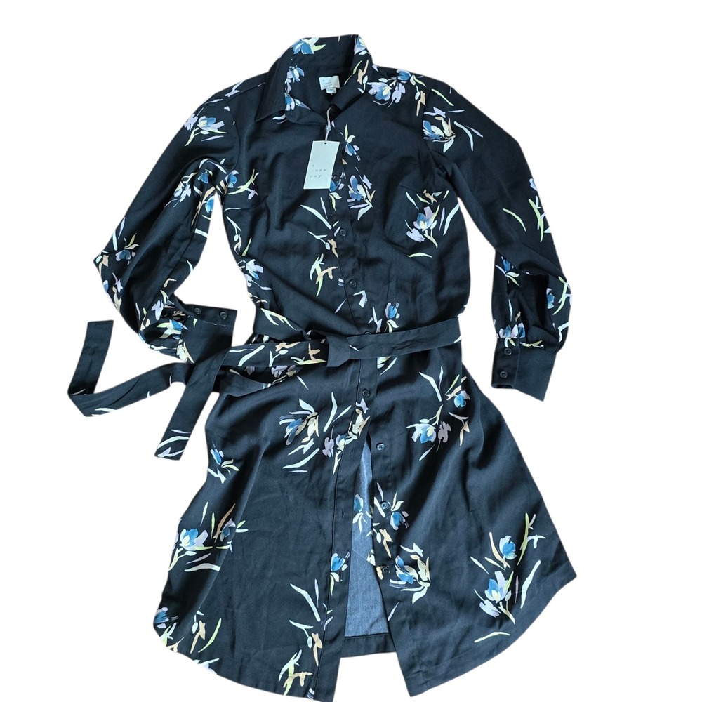 A New Day Women's XS Black Floral Print Long Sleeve Button Down Shirt Dress